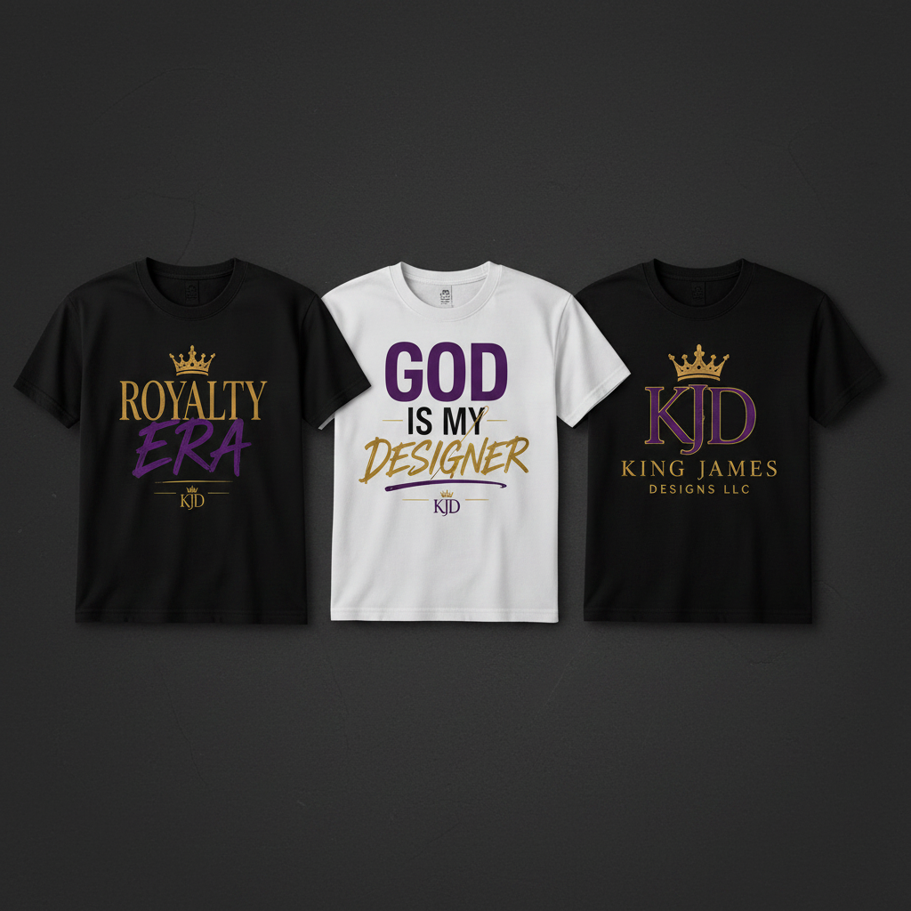KJD Signature Short Sleeve Tees in black and white with faith-based graphic designs