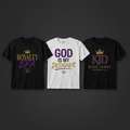 KJD Signature Short Sleeve Tees in black and white with faith-based graphic designs