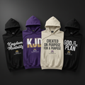 KJD Signature Hoodies with faith-based graphic designs in black, purple and cream