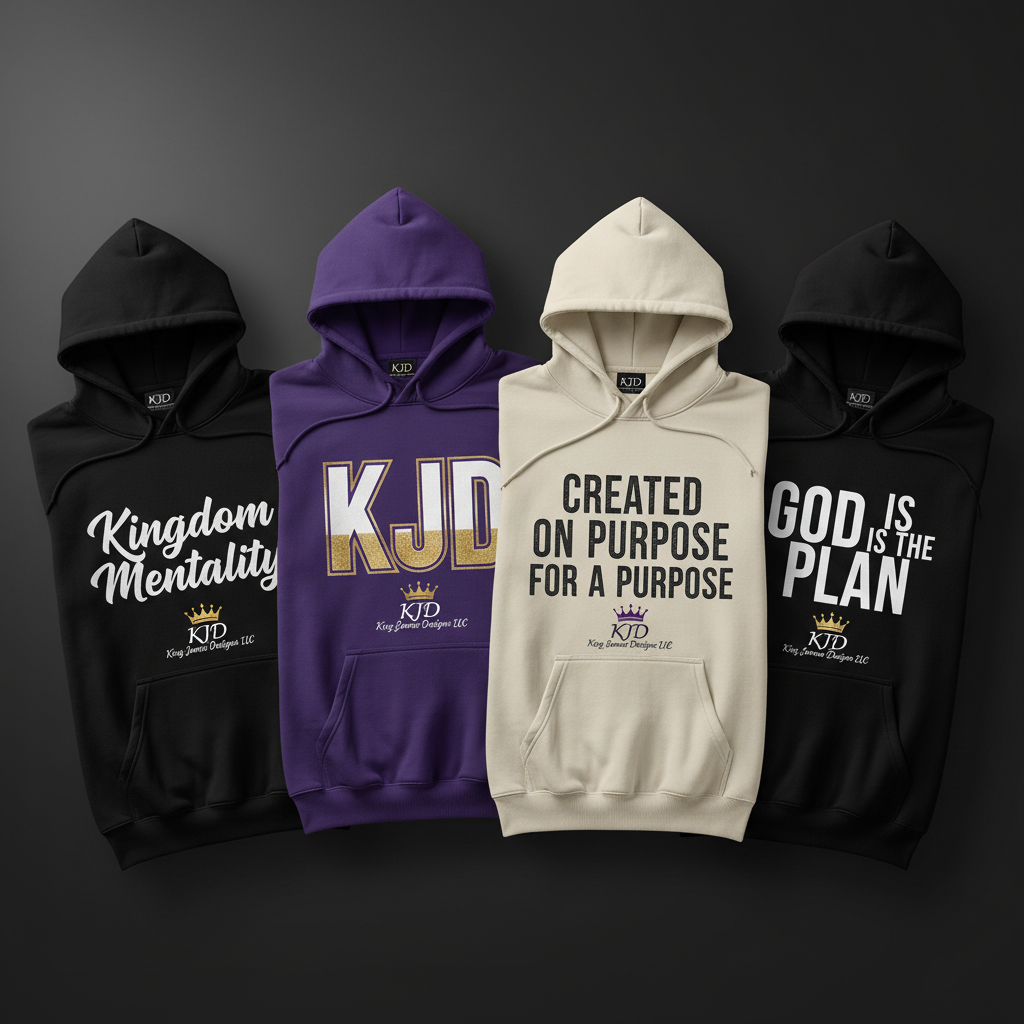 KJD Signature Hoodies with faith-based graphic designs in black, purple and cream