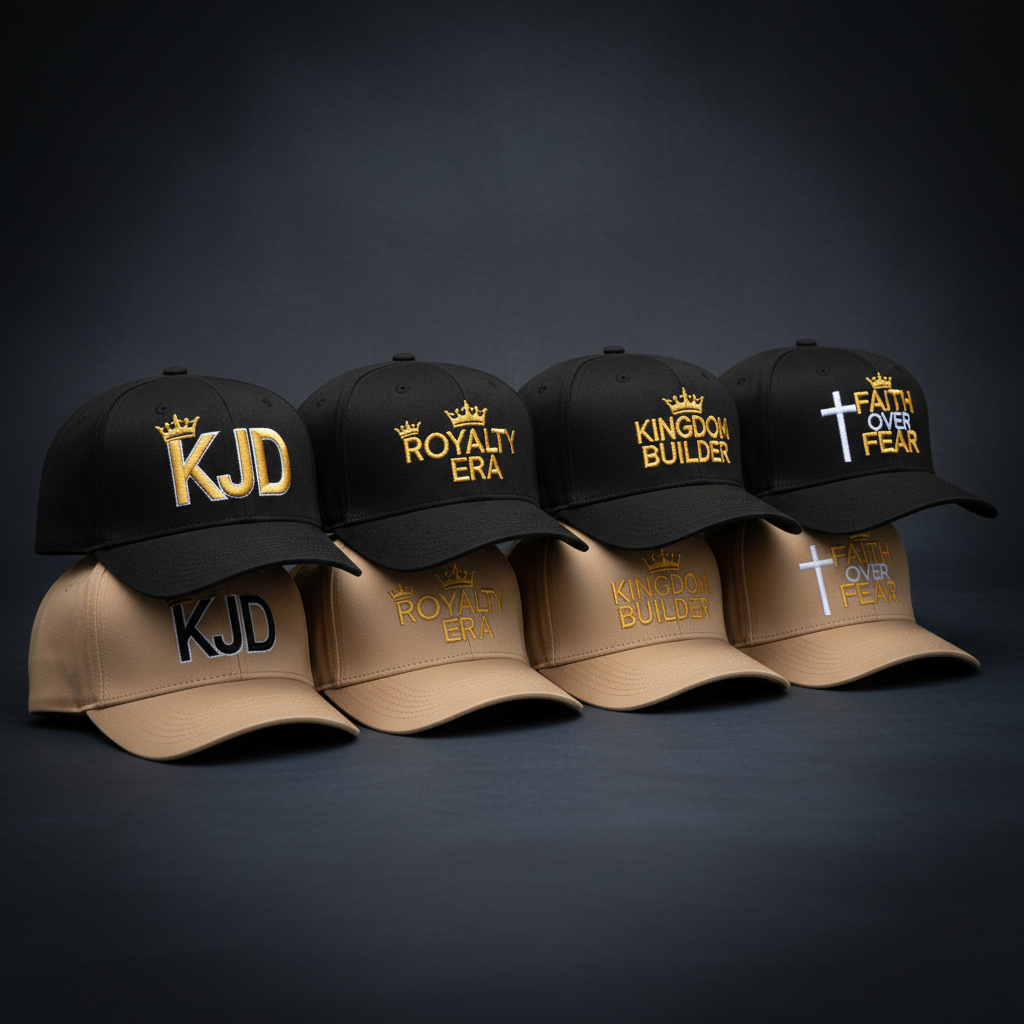 KJD embroidered snapback and dad hats with faith-based designs