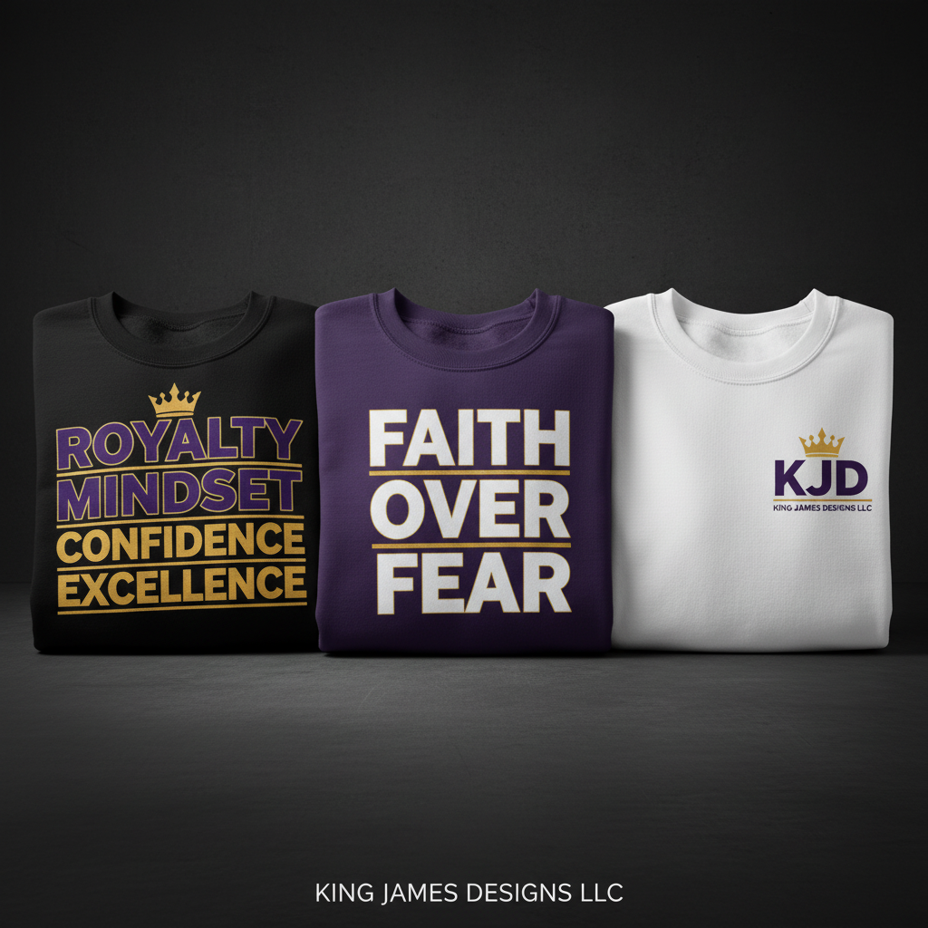 KJD Signature Sweatshirts with faith-based graphic designs in black, purple and white